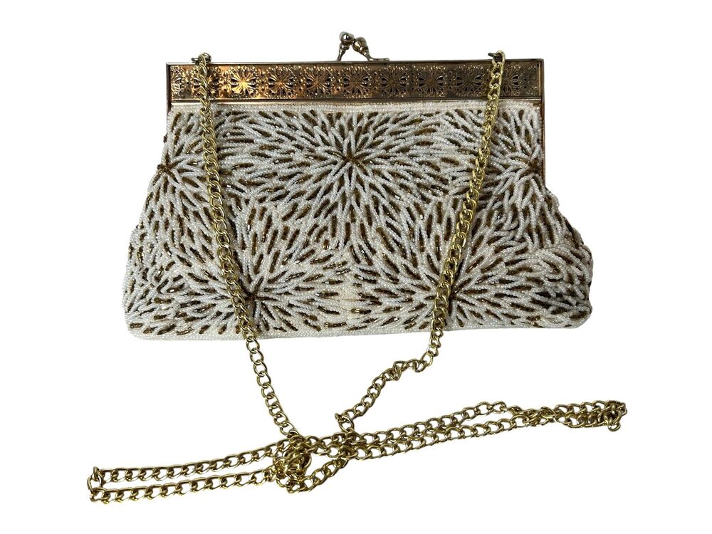 Ed B. Robinson Vintage White & Gold Beaded Evening Hinged Clutch w Chain Strap